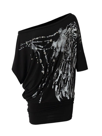 Asymmetrical Batwing Sleeve Black Bodycon Dress with Wing Print - NO ROMANCE
