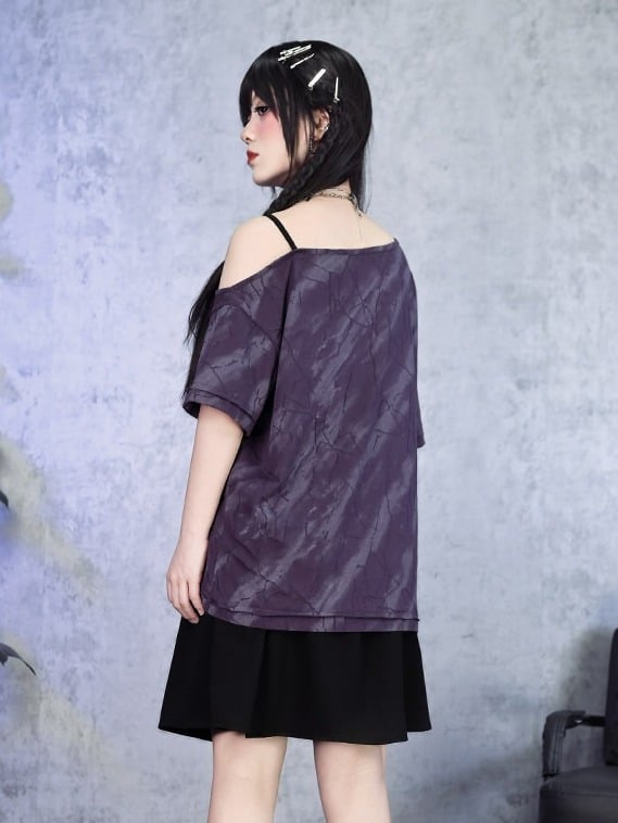 Gothic Purple Faux Two-Piece Off-Shoulder Tee with Sea Lily Print - Quirky Hut