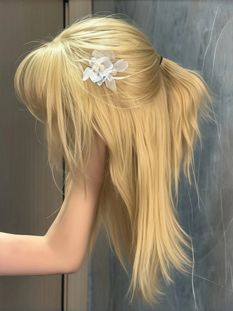 Blonde/Black 45cm Long Straight Wig with Curtain Bangs - Hui Ran