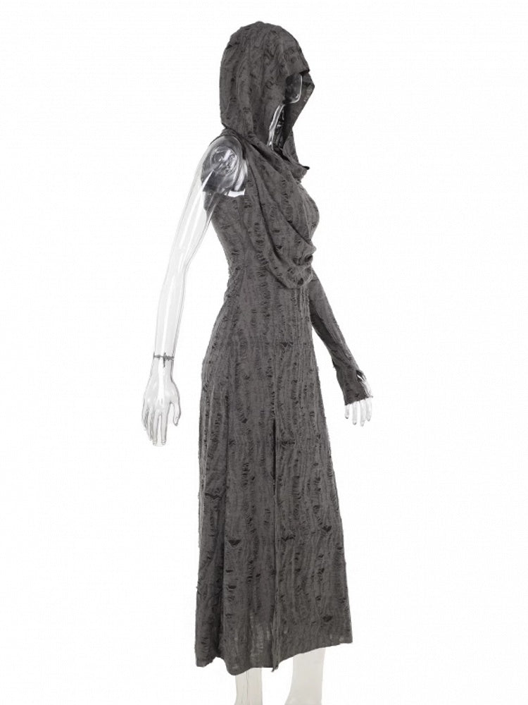 Hooded Gray Distressed Wasteland Sleeve Thigh-High Sleeveless with Hole Slit Dress Punk Arm