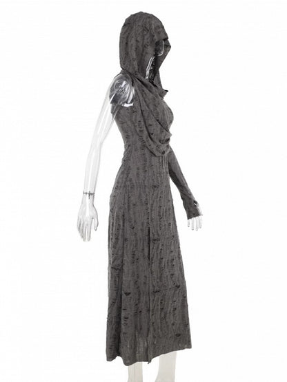 Hooded Gray Distressed Wasteland Sleeve Thigh-High Sleeveless with Hole Slit Dress Punk Arm