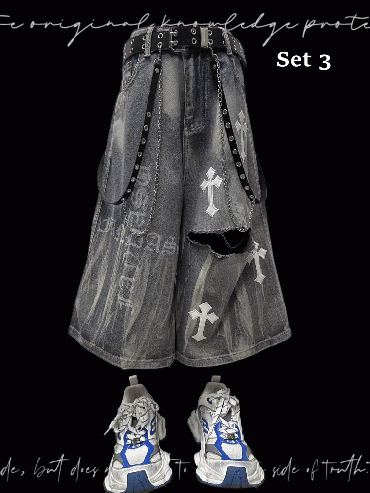 Y2K Blaue Jeans mit weitem Bein und Kreuzapplikationen im Used-Look