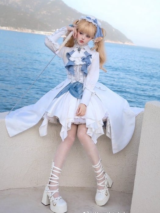 Waistcoat Prince Ouji Tie Tailcoat Siren Jabot Vest Embroidery Dark with Long Lolita White Ribs