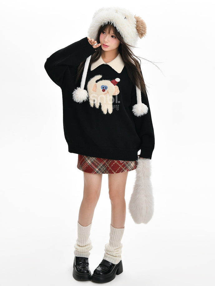 Cute Monkey Pattern Navy Blue Polo Collar Sweater