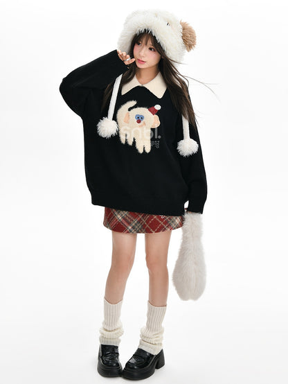 Cute Monkey Pattern Navy Blue Polo Collar Sweater