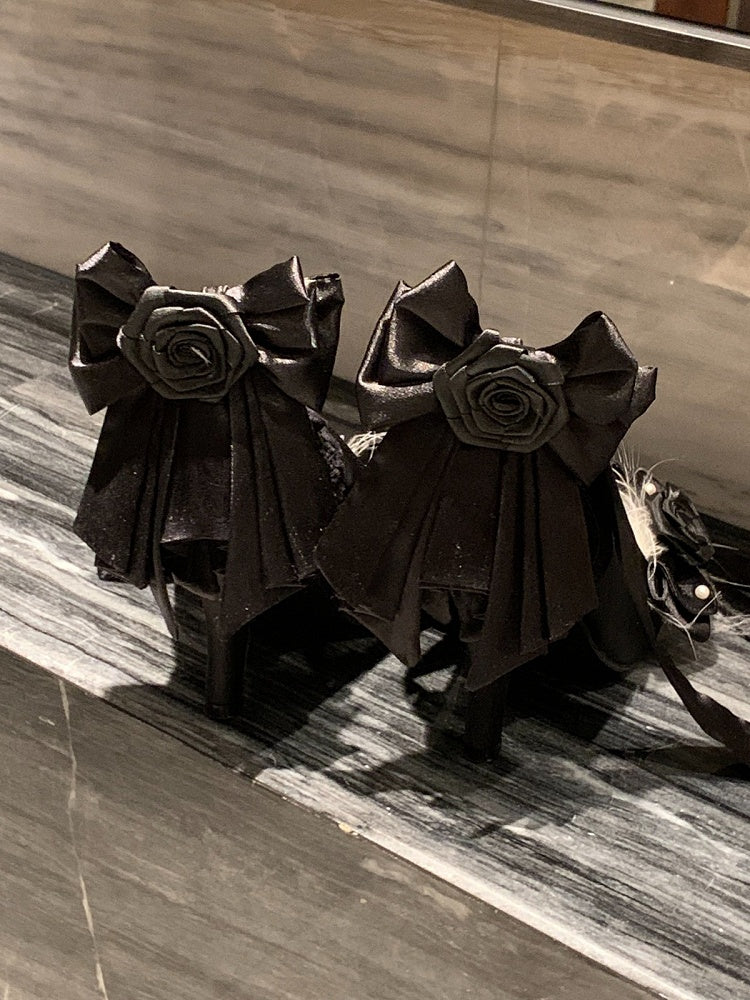 Black Lolita Shoes 9.5cm High Heels with Bowknot at Back and Rose Embellished - Cheese Mango