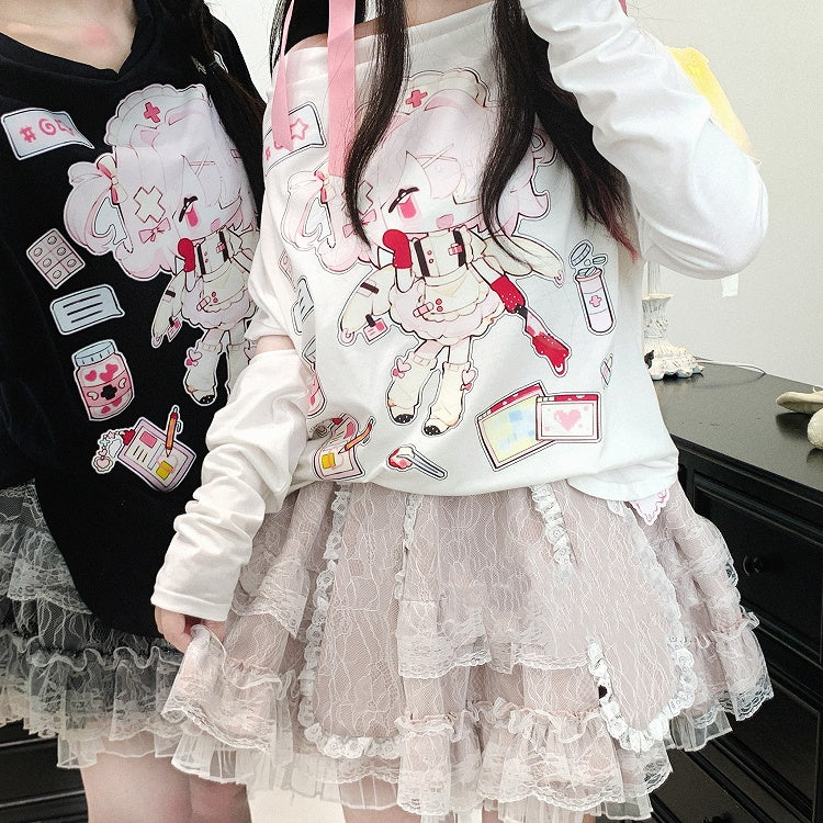 Jirai Kei Lace Double-Layered Bunny Ears Design Black/White/Pink