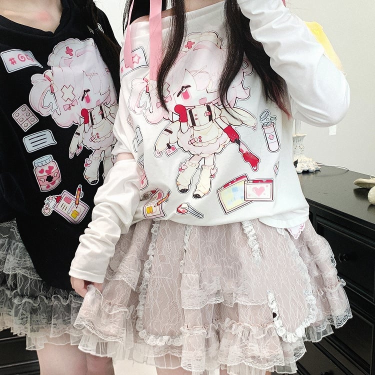 Manches patchwork à imprimé dessin animé Yami Kawaii, noir et blanc