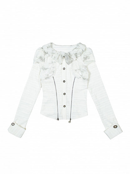 Collar Punk White Blouse Puff Zippers Front Ruffled Side with Textured