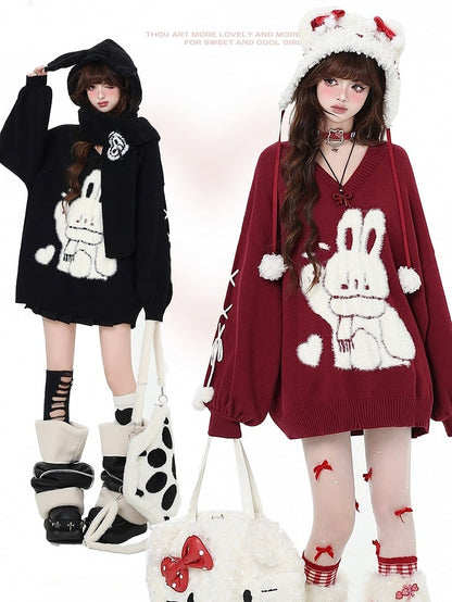 Black Cute Bunny V-neck Loose Sweater Lace-up Detail at Sleeves