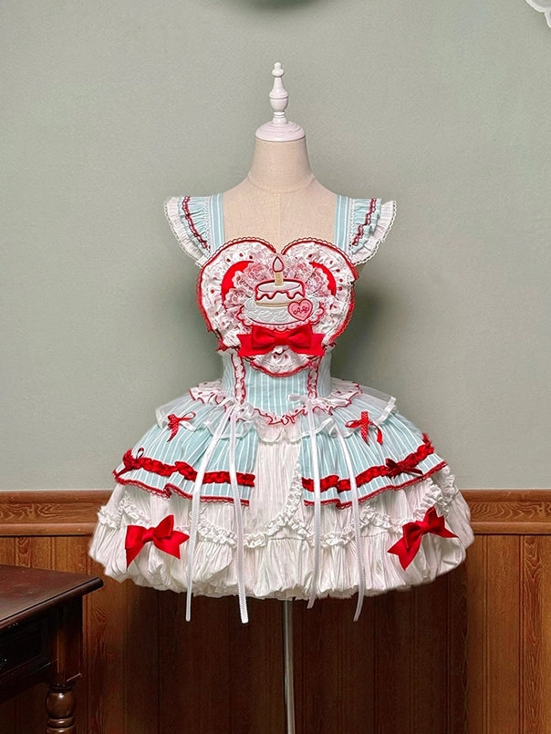 Bubble Appliqué Bodice Heart-Shaped and Cake Red Green Sweet Lolita Overall Dress with