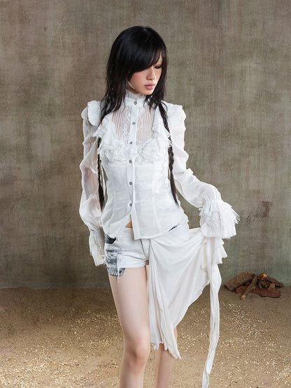 Beige Front Poet Semi-Sheer Blouse Chiffon Button Gothic Sleeves with