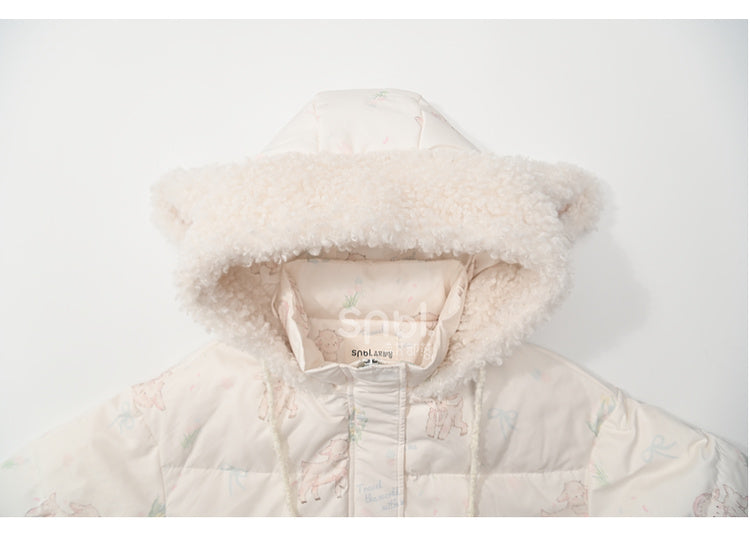 Süße weiße Daunenjacke mit Kapuze und Lamm-Print, kurze/lange Version