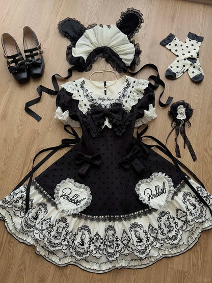 Dress Appliques Rabbit Lace-Trimmed Pattern Sweetheart Black Lolita Polka Sweet with Dot