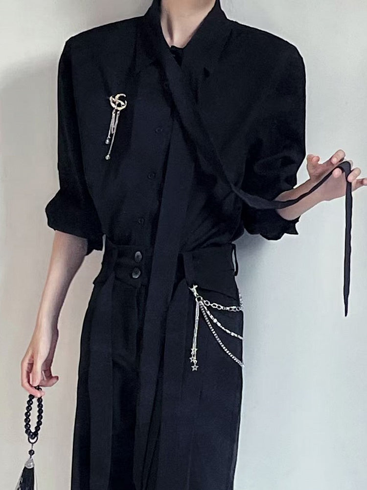 Dropped Sleeves Chiffon Delicate Shoulder and with Shirt Brooch Black