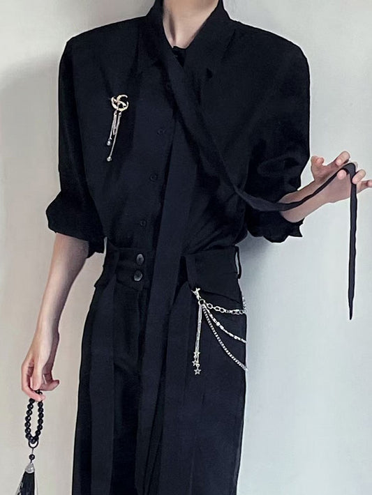 Dropped Sleeves Chiffon Delicate Shoulder and with Shirt Brooch Black