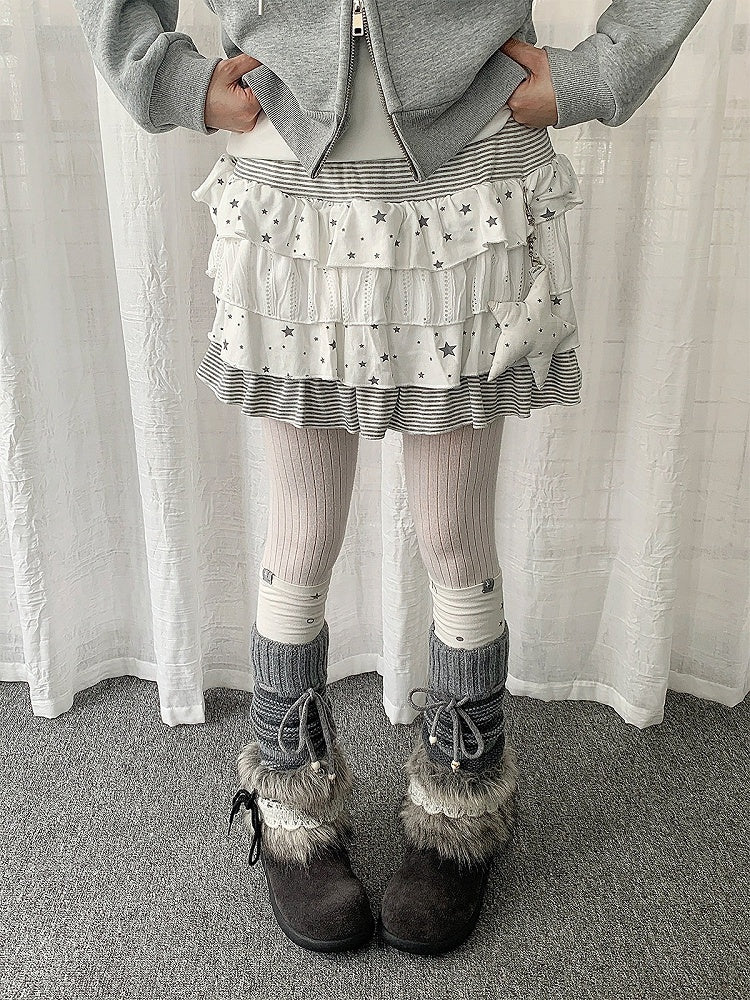 Beige Layered Ruffle Skirt with Star and Stripe Pattern - Solkatt