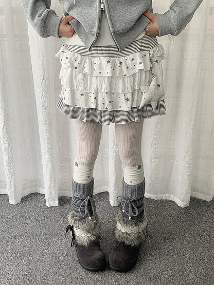 Beige Layered Ruffle Skirt with Star and Stripe Pattern - Solkatt