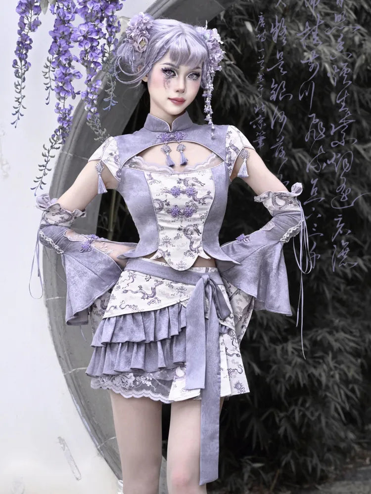 Lila Stoff Shorts Print Rock Futter S Chinoiserie Dragon Ausverkauf Größe 65–69 cm Taille für mit