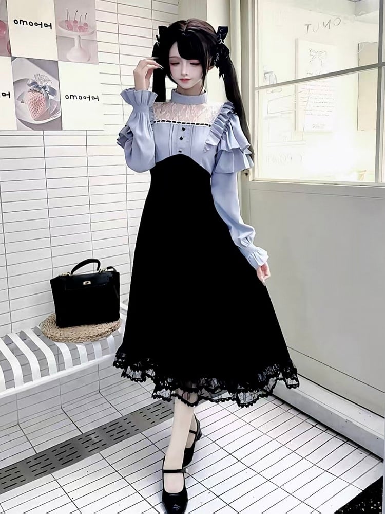 Design Lace Ruffled Kei Black Long-Sleeve Blue Dress Jirai Panel