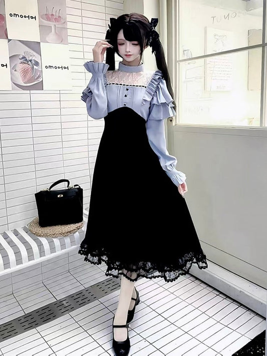 Design Lace Ruffled Kei Black Long-Sleeve Blue Dress Jirai Panel