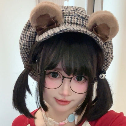Bear Beret Hat Brown Ear Houndstooth Pattern