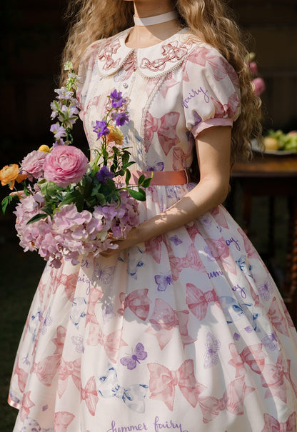 Pink Bowknot Peter Pan Collar Lolita Dress Bows and Butterfly Print One Piece
