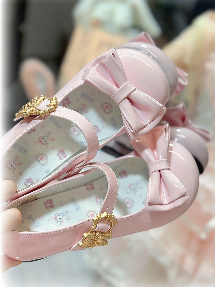 Low-heel Bow Round Lolita Toe Buckle Detail Adorable Shoes with Decor Mary Pink Cat Janes -