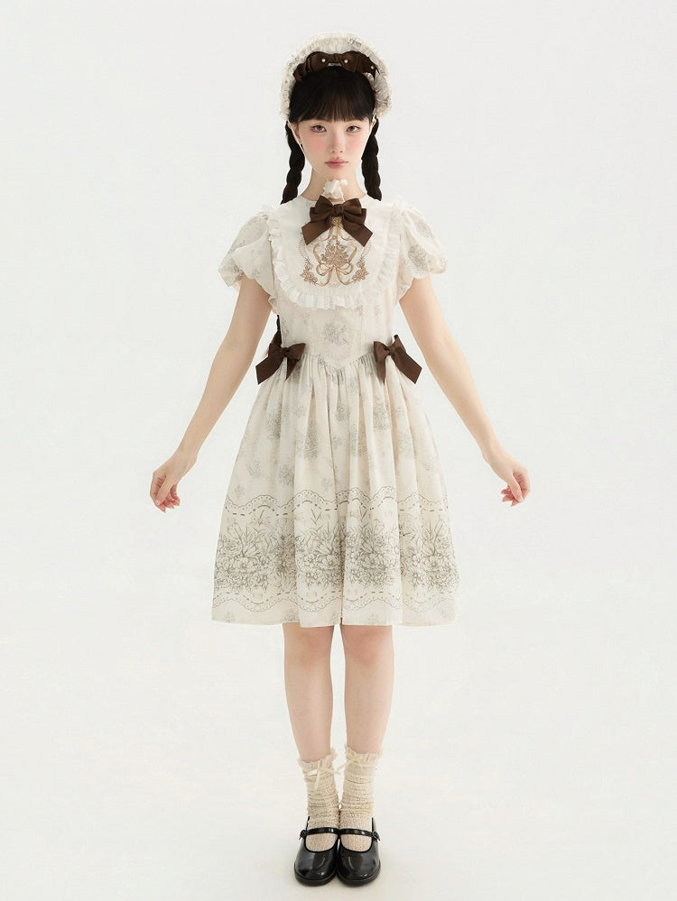 White and Piece Bodice Short Bowknot One Floral Embroidery Classic Version Lolita