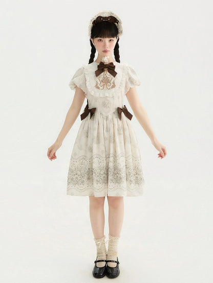 White and Piece Bodice Short Bowknot One Floral Embroidery Classic Version Lolita