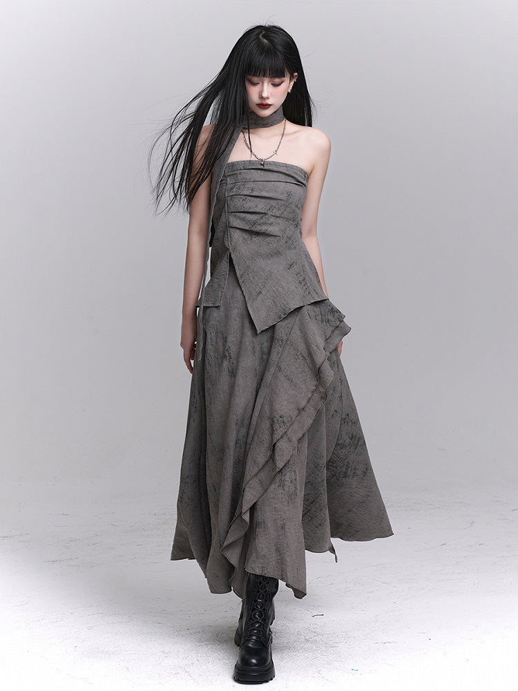 Gray Splatter Punk Matching Layered with Asymmetric Wasteland Neck Ruching Strap Bustier