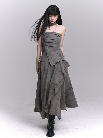 Gray Splatter Punk Matching Layered with Asymmetric Wasteland Neck Ruching Strap Bustier
