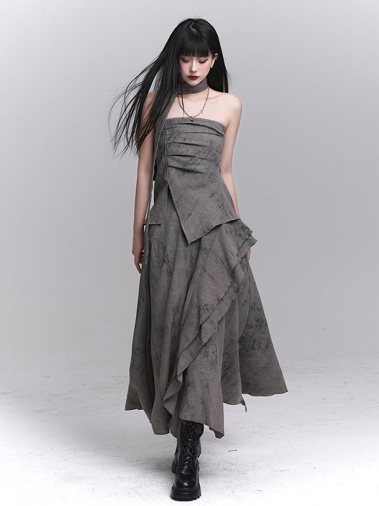 Gray Wasteland Punk Splatter with Ankle-Length Asymmetric Skirt Pattern Ruffle