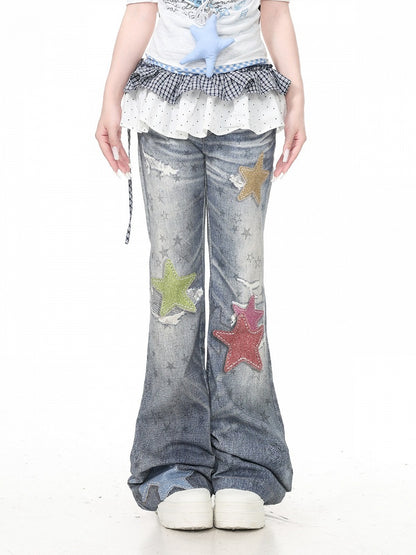 Vintage Kawaii Blue Star Print Flare Jeans - Languid Park