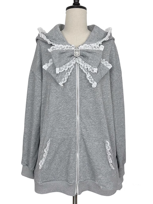 Trim with Hooded Ears Detachable Lace Jacket Kei White Kitty Big Jirai and Gray Bow