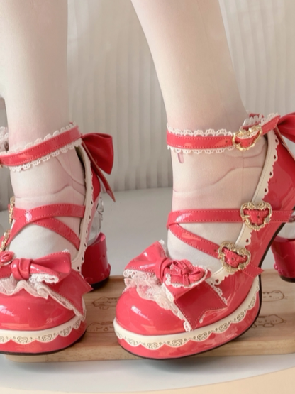 Lace-edged Platforms Transparent Ball-shaped Rose Heels Bow Pink PU - Lolita