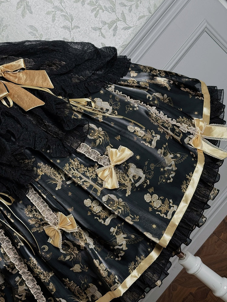 Overlay Waist Corset Drawstring Black Skirt Lolita Jumper and Gold