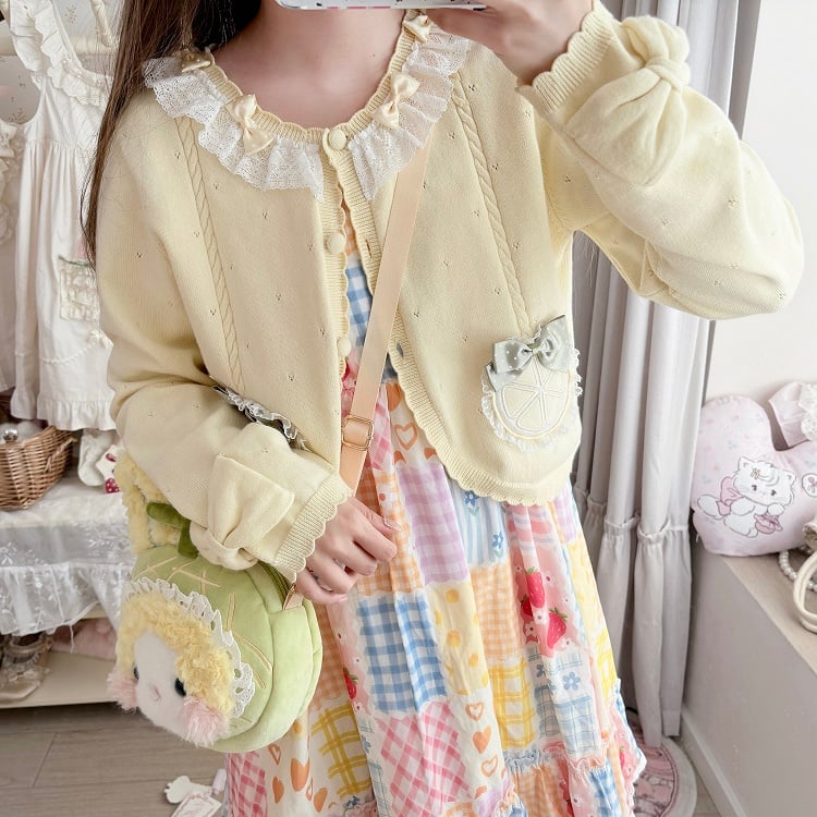 イエローの長袖レモンアップリケカーディガン