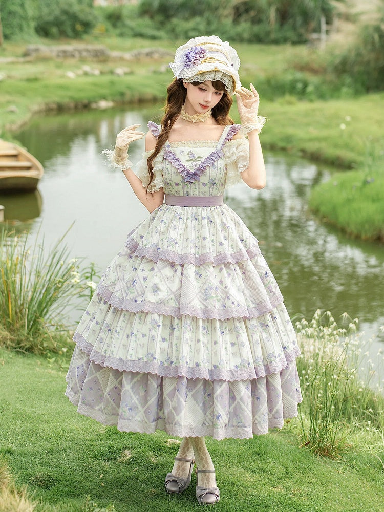 Purple Floral Cat Print Tiered Jumper Dress - With PUJI