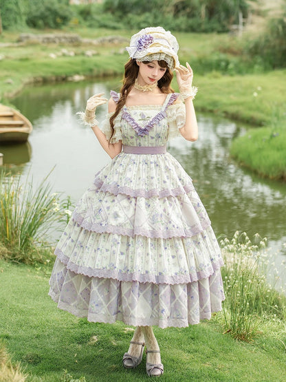 Purple Floral Cat Print Tiered Jumper Dress - With PUJI