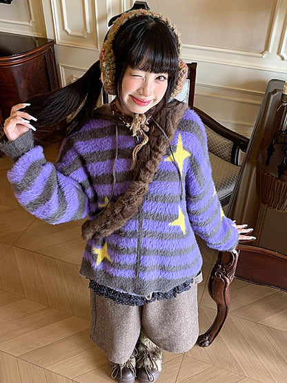 Stripe with Purple Pattern Star Zip-up Y2K Knit Jacket