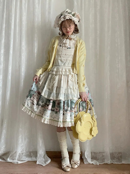 with Green Beige Trim Print Sweet Dress Lace Apple Bunny Lolita and