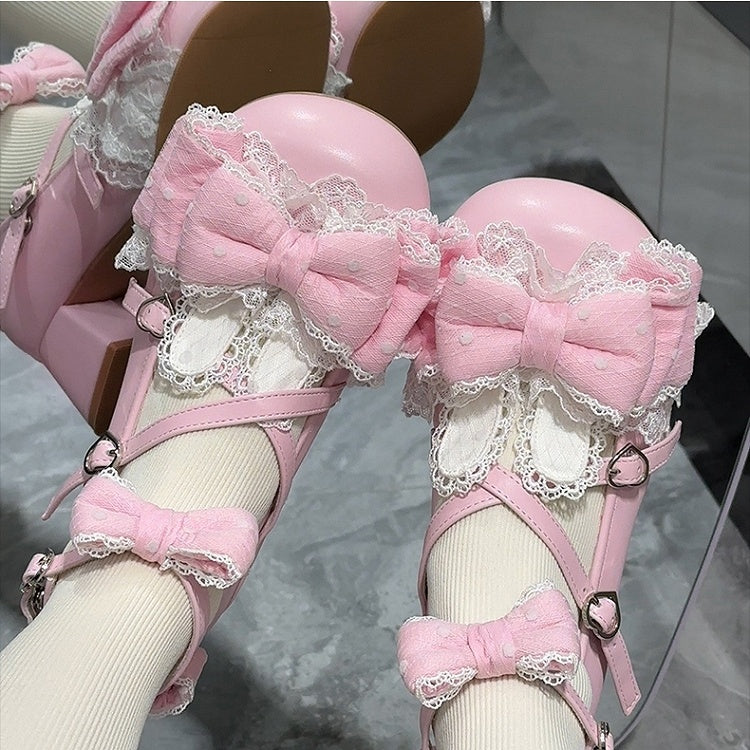 Bunny Ear Low/Mid Janes Pink – Punktakzente mit süßen Lolita-Schleifen, Mary Heels, runde Zehenpartie, Polka