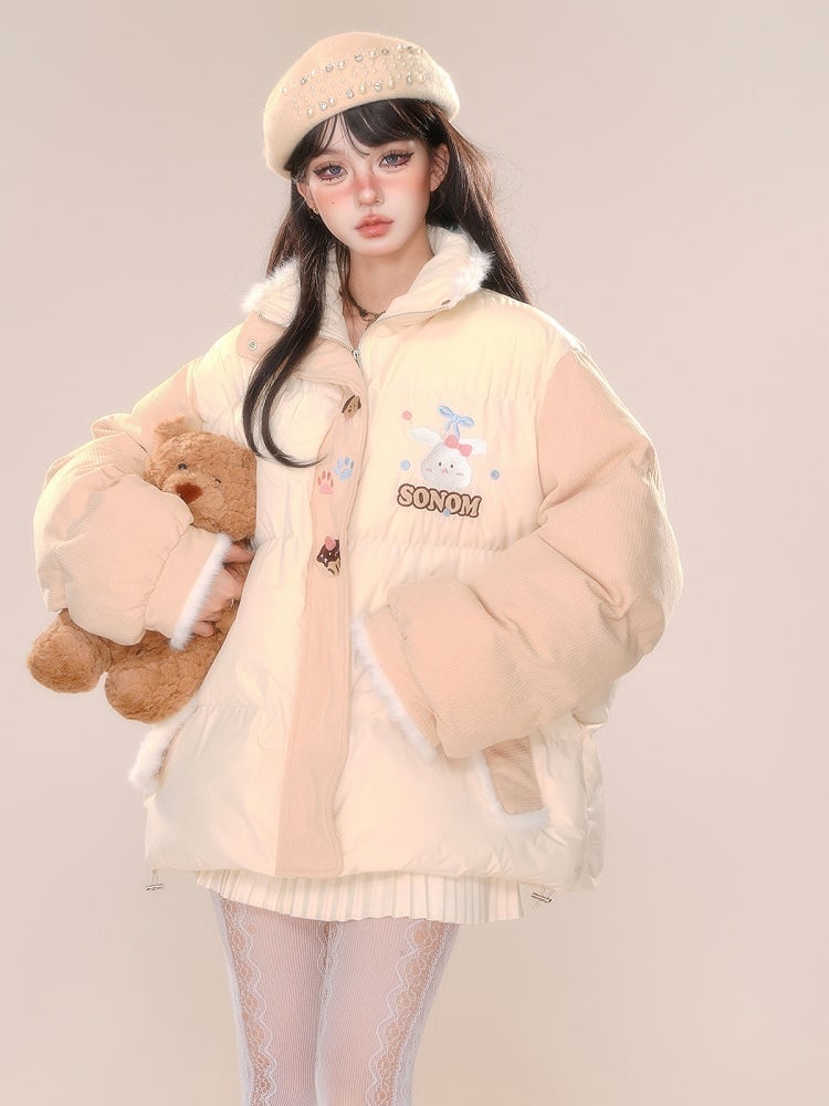 Cremegelbe Pufferjacke mit süßem Häschen-Plüschbesatz