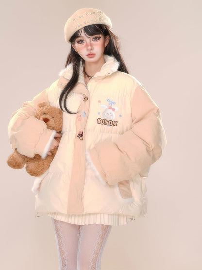 Cremegelbe Pufferjacke mit süßem Häschen-Plüschbesatz