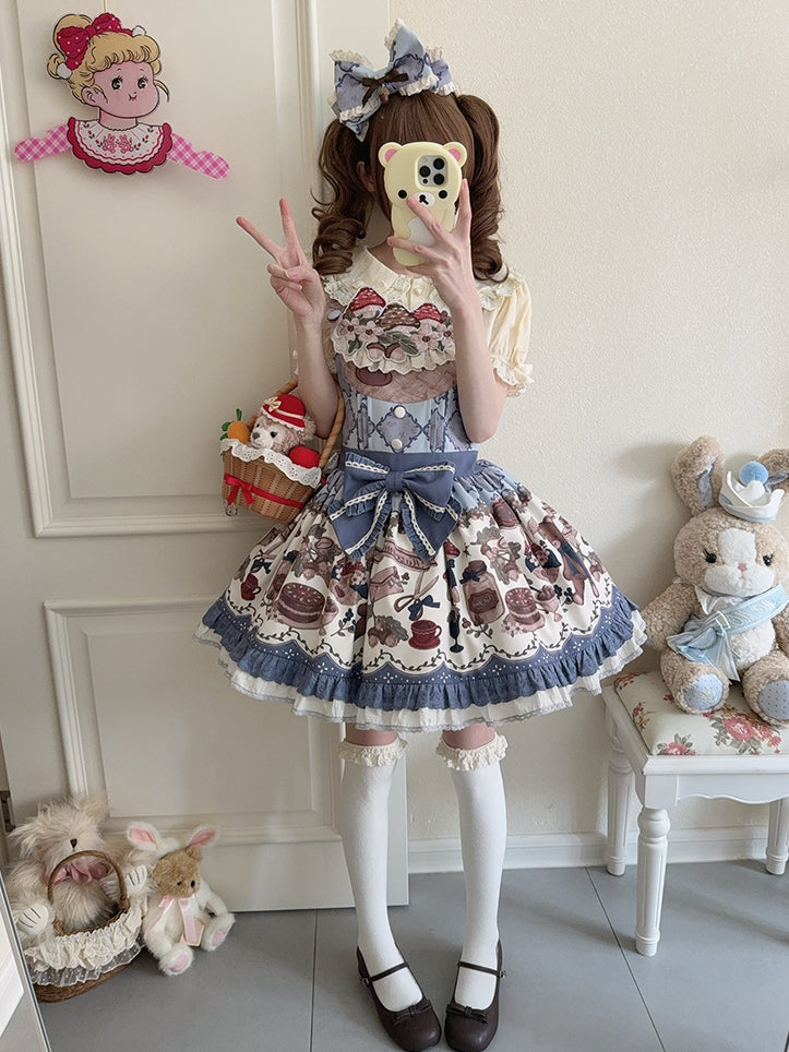 Print Stickerei Overall Süßes blaues Teddykleid Pilz Lolita Ausschnitt