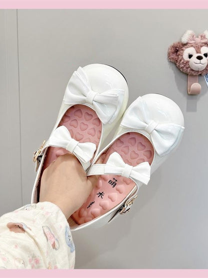 Round with Leather Shoes Lolita PU Sweet - Toe White Delicate Bow