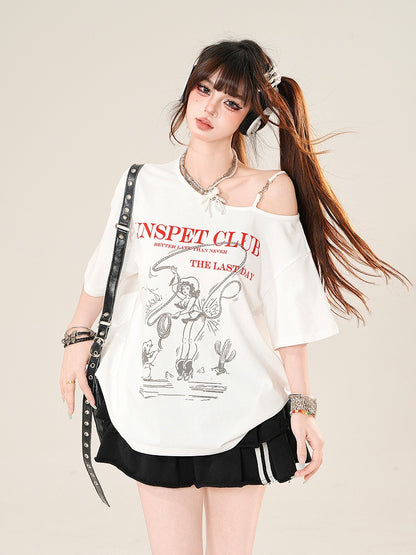 ホワイト アシンメトリーネックライン ルーズグラフィックTシャツ