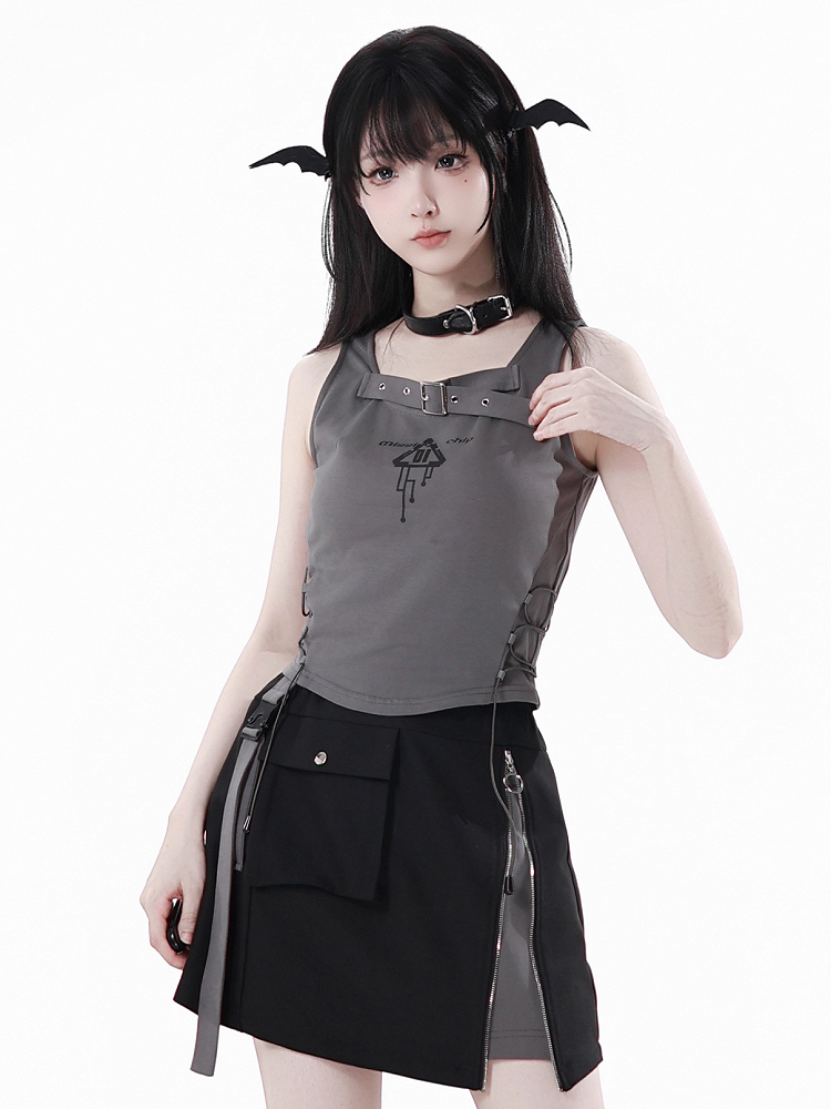 Buckle Strap Neckline Lace-up Side Gray Techwear Tank Top