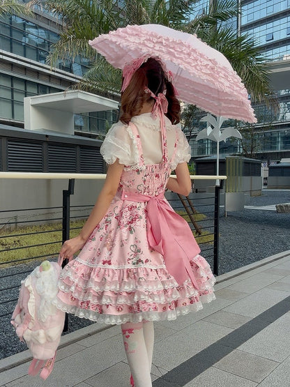 Trim Pink Floral Sweet Dress Lace Bow Lolita Accents Bunny and with Print